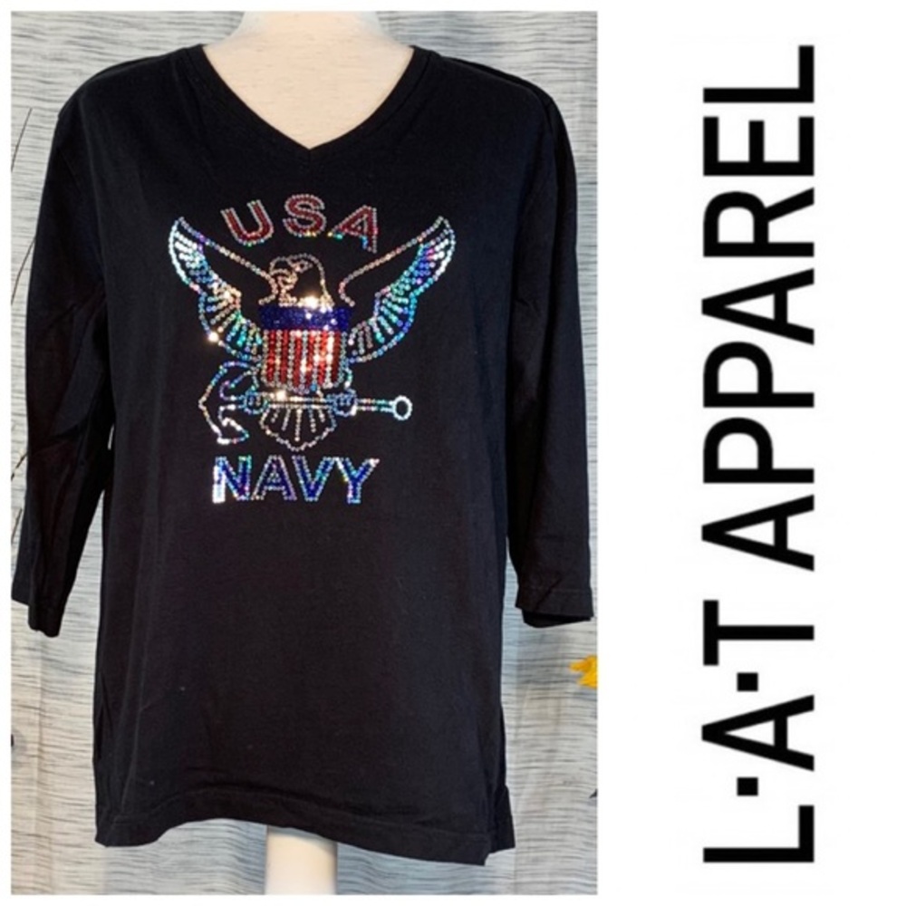 Live and Tell Apparel black United States Navy 3/4 sleeve sequin tee-shirt.
